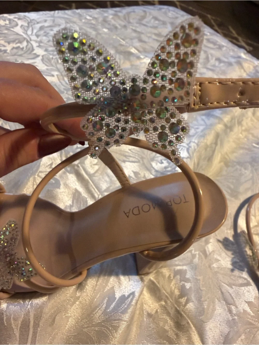 Top Moda Nude Butterfly Rhinestone Ankle Strap Block Heel Sandals Size 7.5